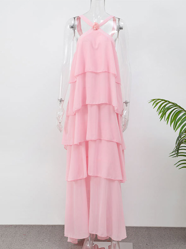 Sweet Pink Halter Neck Backless Layered Cake Elegant Maxi Dress