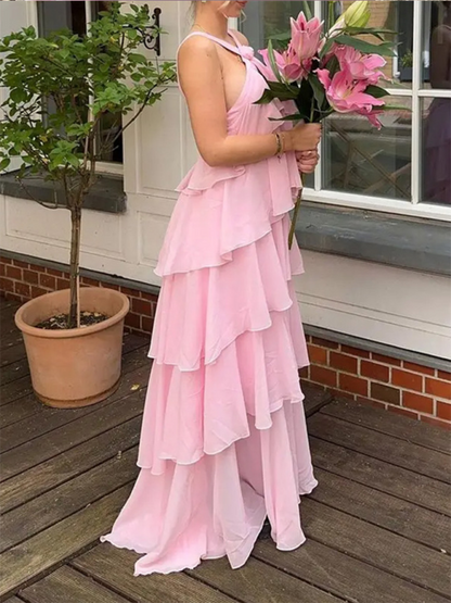 Sweet Pink Halter Neck Backless Layered Cake Elegant Maxi Dress