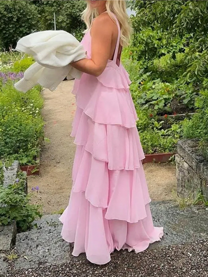 Sweet Pink Halter Neck Backless Layered Cake Elegant Maxi Dress