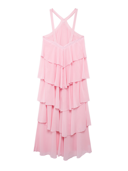 Sweet Pink Halter Neck Backless Layered Cake Elegant Maxi Dress