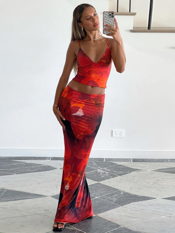 Fashion Print V-Neck Cami Top & Slim Maxi Skirt Set