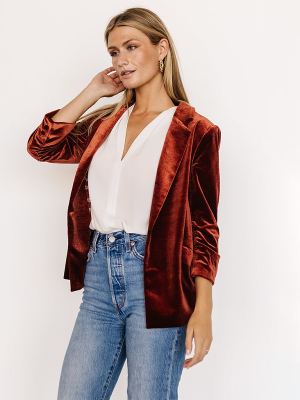 Velvet Slant Pocket Lapel Long Sleeve Blazer