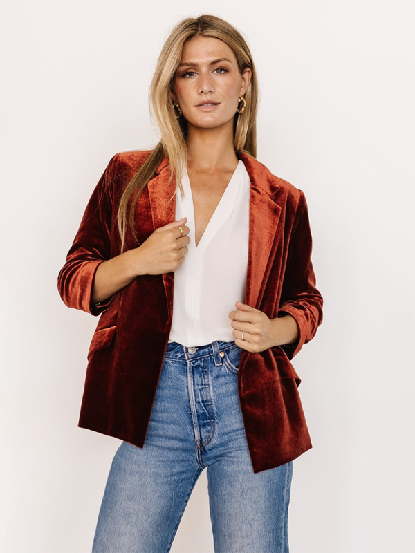 Velvet Slant Pocket Lapel Long Sleeve Blazer