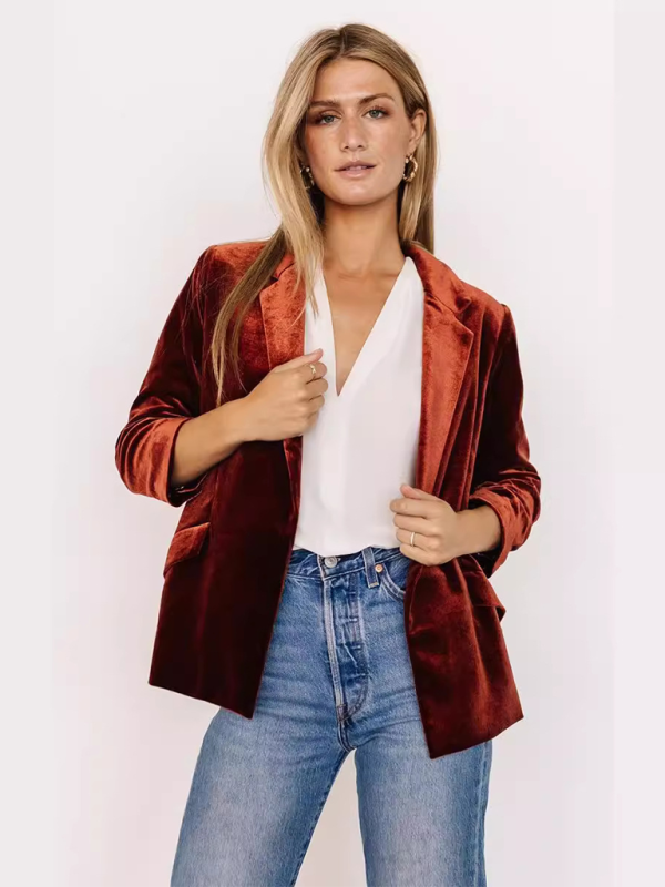 Velvet Slant Pocket Lapel Long Sleeve Blazer