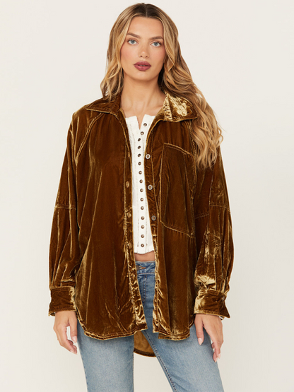 Golden Velvet Oversize Long Sleeve Loose Shirt Jacket