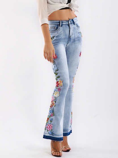 Floral Embroidered Denim Flare Leg Jeans