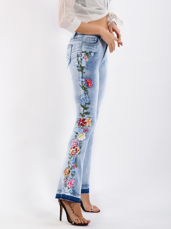 Floral Embroidered Denim Flare Leg Jeans