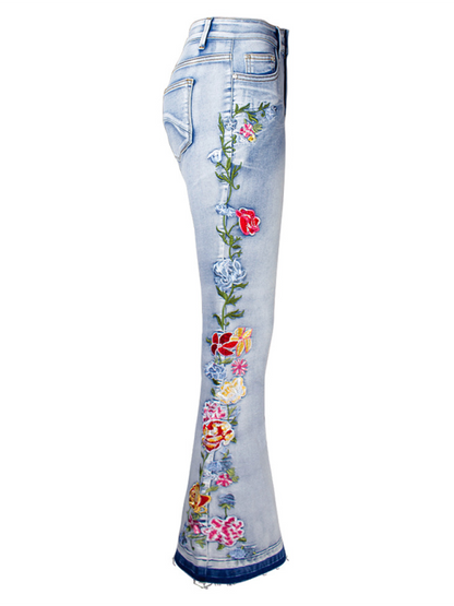 Floral Embroidered Denim Flare Leg Jeans