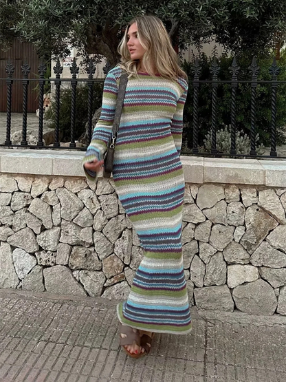 Horizontal Striped Knit Maxi Sweater Dress