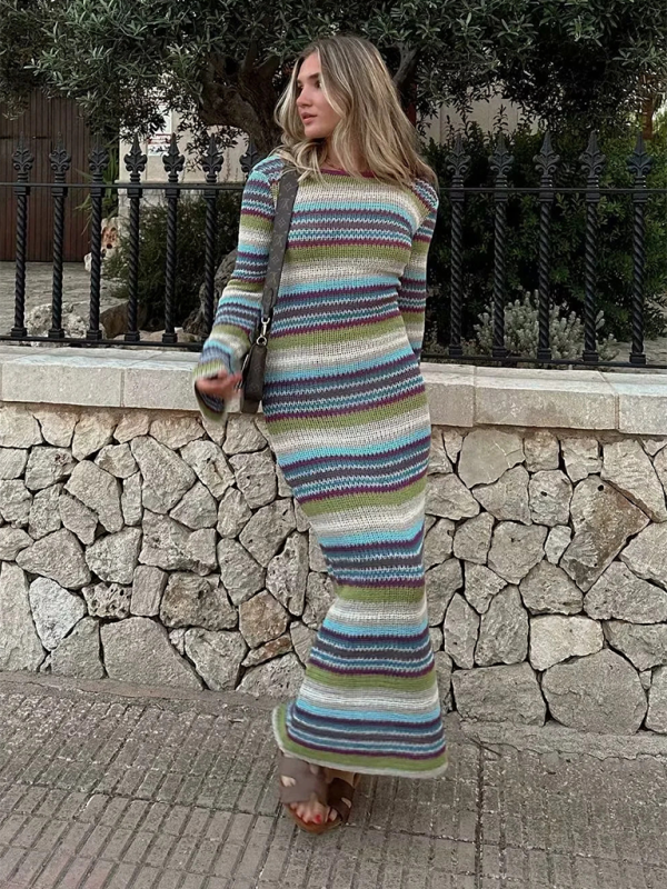 Horizontal Striped Knit Maxi Sweater Dress