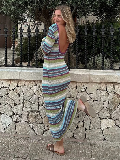 Horizontal Striped Knit Maxi Sweater Dress