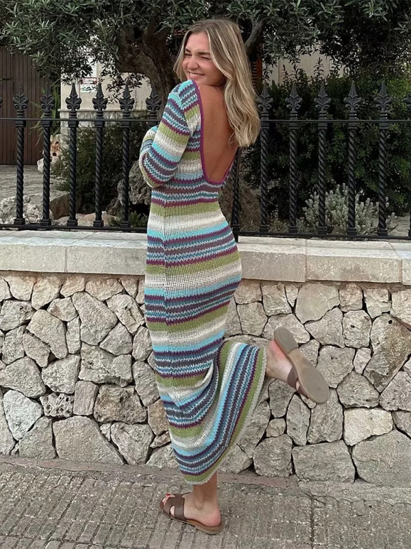 Horizontal Striped Knit Maxi Sweater Dress