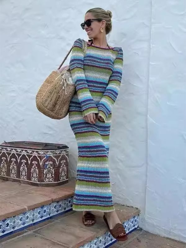 Horizontal Striped Knit Maxi Sweater Dress