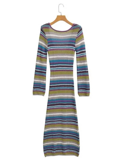 Horizontal Striped Knit Maxi Sweater Dress