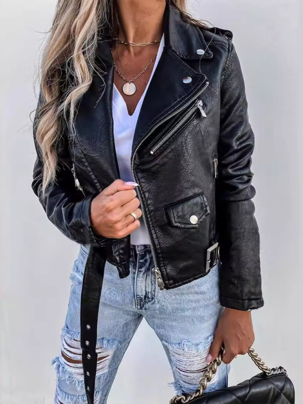 PU Leather Short Zipper-up Biker Jacket