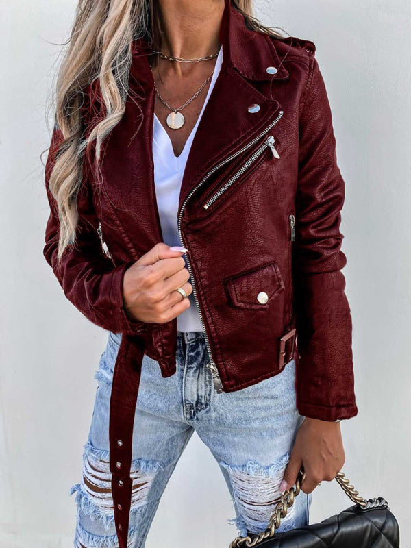 PU Leather Short Zipper-up Biker Jacket