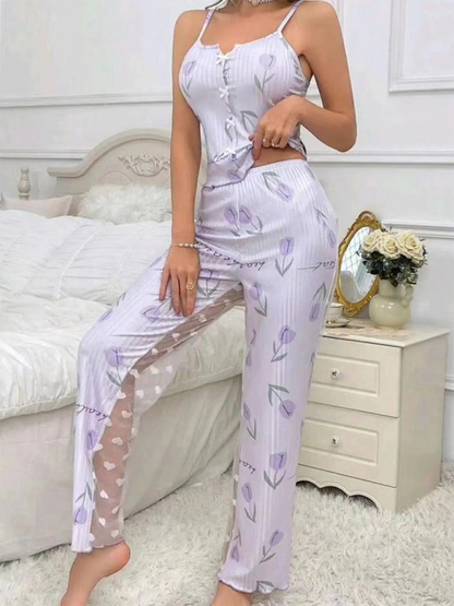 Printed Sheer See-thru Back Mesh Pajama Set