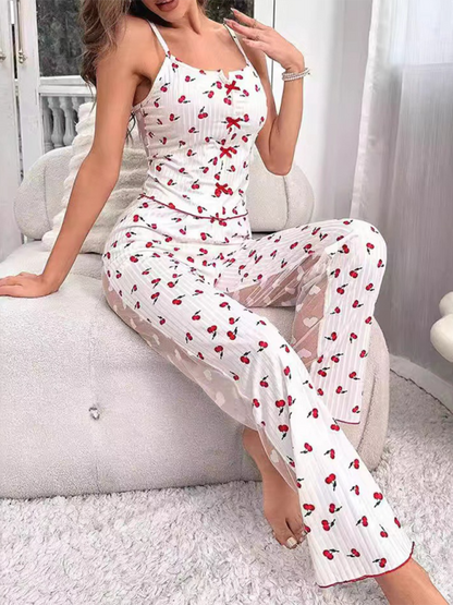 Printed Sheer See-thru Back Mesh Pajama Set