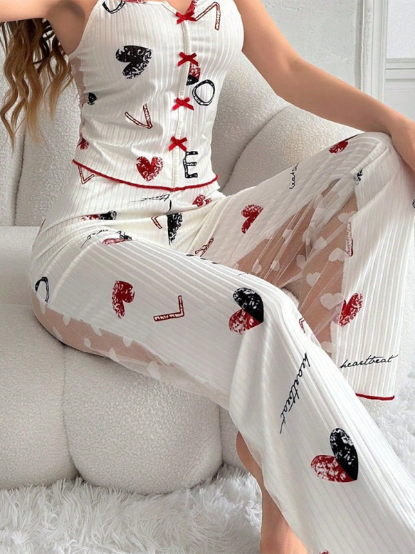 Printed Sheer See-thru Back Mesh Pajama Set