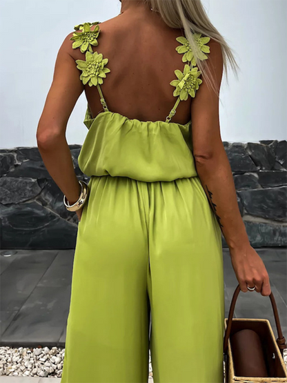 Casual Loose Sleeveless Flower Halter Jumpsuit with Pockets