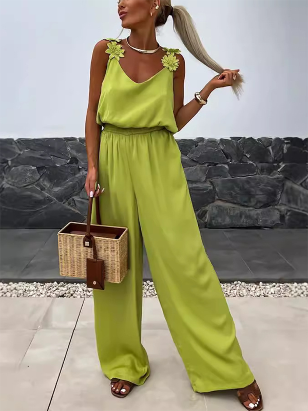 Casual Loose Sleeveless Flower Halter Jumpsuit with Pockets