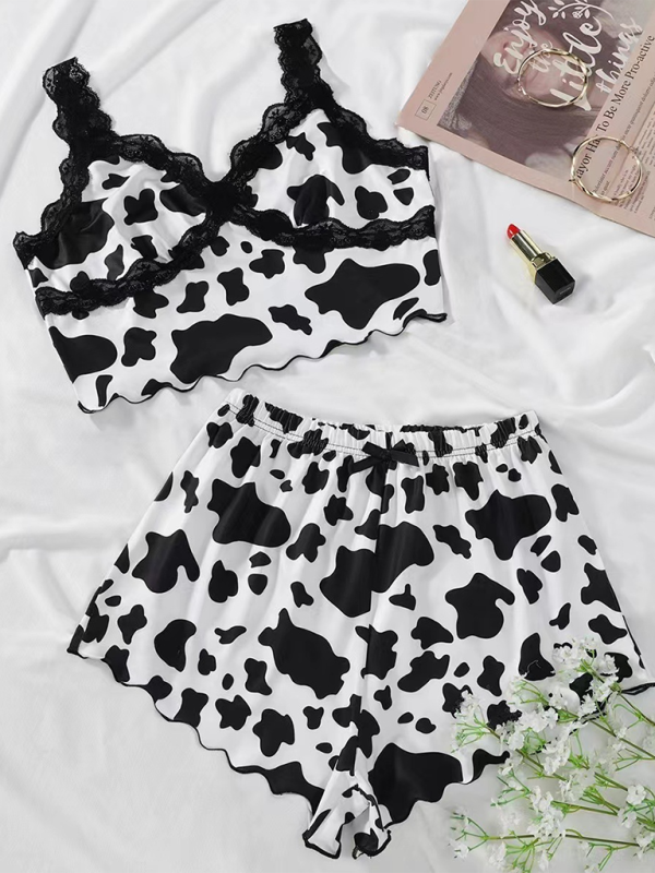 Cow Print Camisole Lace Top & Shorts Loungewear Pajama Set