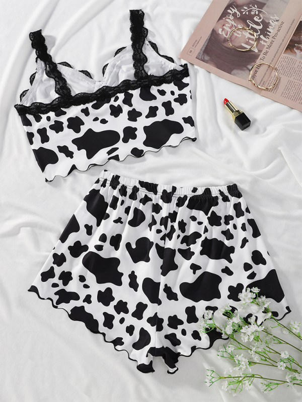 Cow Print Camisole Lace Top & Shorts Loungewear Pajama Set