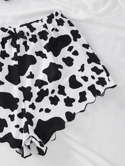 Cow Print Camisole Lace Top & Shorts Loungewear Pajama Set