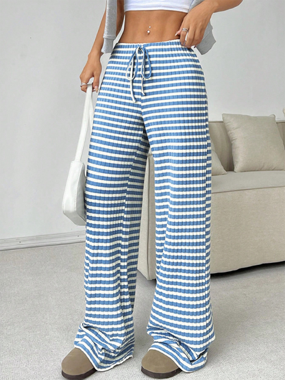 Casual Striped Rubber-band Drawstring Straight Leg Pants