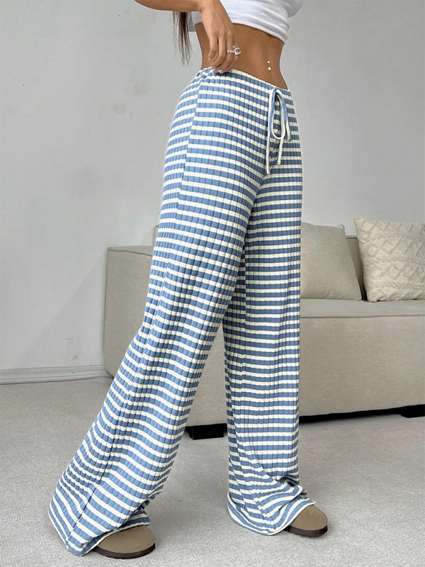 Casual Striped Rubber-band Drawstring Straight Leg Pants