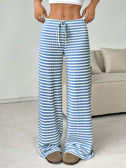 Casual Striped Rubber-band Drawstring Straight Leg Pants