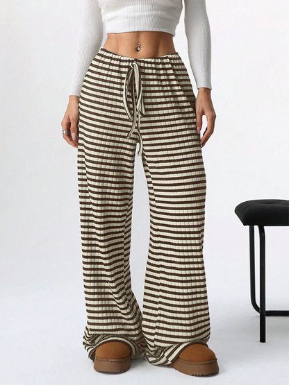 Casual Striped Rubber-band Drawstring Straight Leg Pants