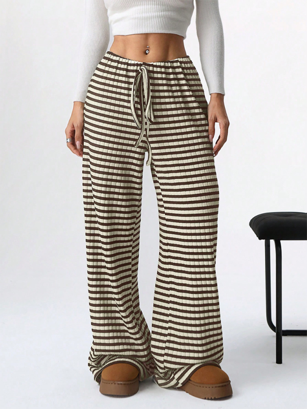 Casual Striped Rubber-band Drawstring Straight Leg Pants