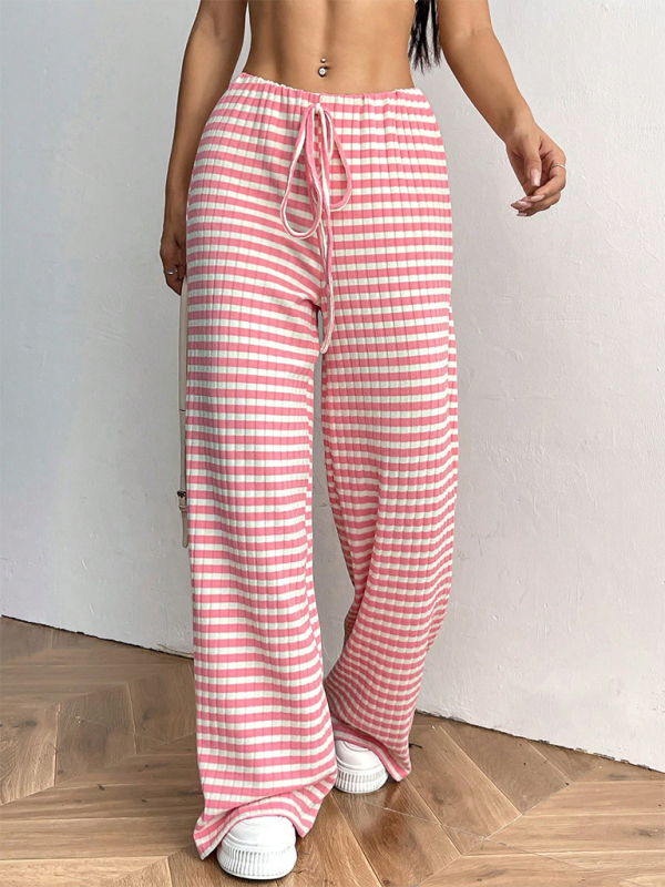 Casual Striped Rubber-band Drawstring Straight Leg Pants