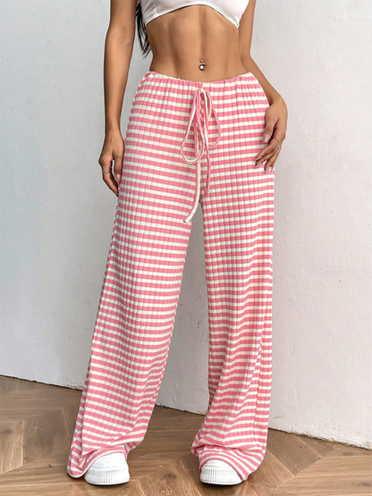 Casual Striped Rubber-band Drawstring Straight Leg Pants