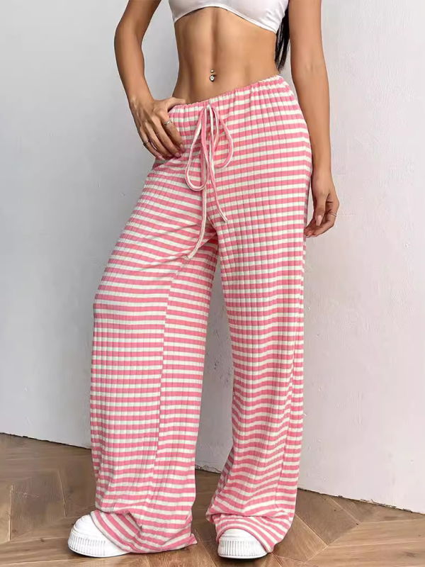 Casual Striped Rubber-band Drawstring Straight Leg Pants