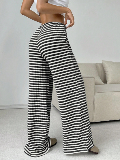 Casual Striped Rubber-band Drawstring Straight Leg Pants