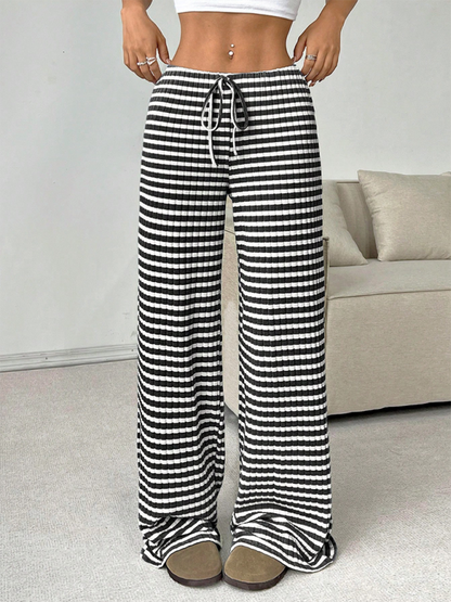 Casual Striped Rubber-band Drawstring Straight Leg Pants