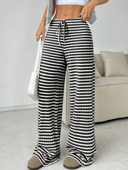 Casual Striped Rubber-band Drawstring Straight Leg Pants