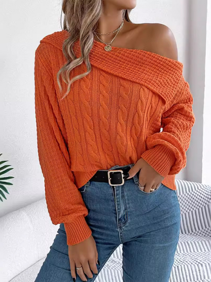 Casual Sexy Lapel Off-shoulder Cable Long Sleeve Pullover