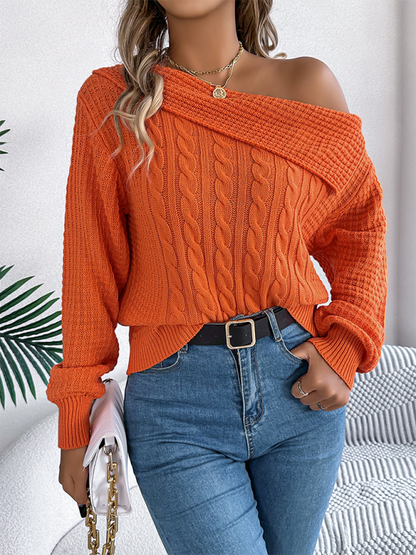 Casual Sexy Lapel Off-shoulder Cable Long Sleeve Pullover
