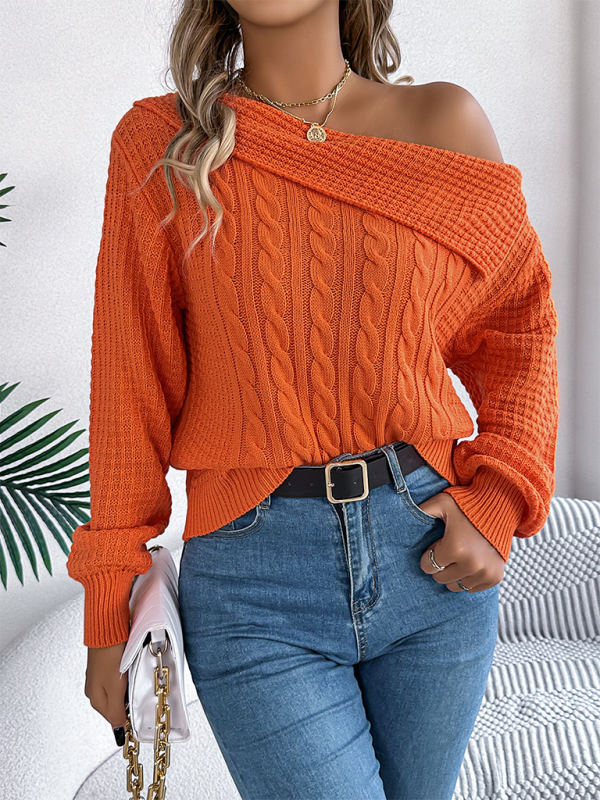 Casual Sexy Lapel Off-shoulder Cable Long Sleeve Pullover