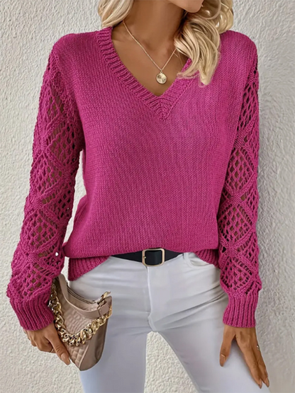 Temperament V-neck Hollow Long Sleeve Solid Color Casual Top