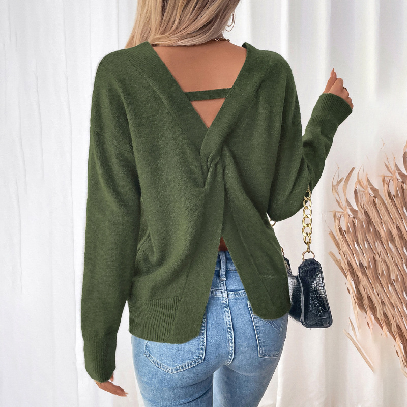 Olive Green Loose Knitted V-Neck Open Back Slit Sweater