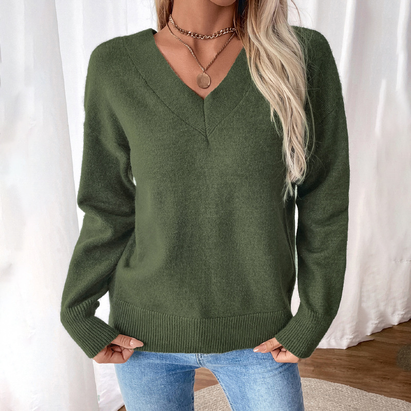 Olive Green Loose Knitted V-Neck Open Back Slit Sweater