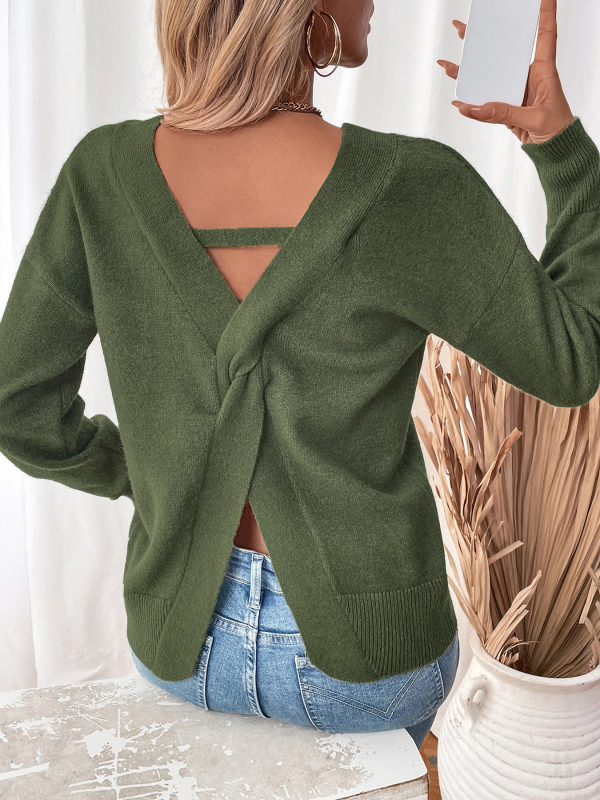 Olive Green Loose Knitted V-Neck Open Back Slit Sweater