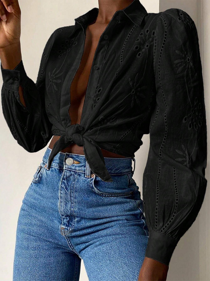 Single Breasted Solid Color Embroidered Long Sleeve Lapel Shirt