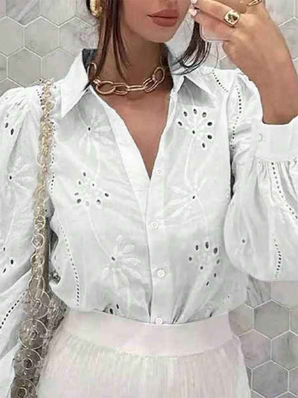 Single Breasted Solid Color Embroidered Long Sleeve Lapel Shirt