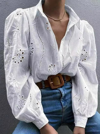 Single Breasted Solid Color Embroidered Long Sleeve Lapel Shirt