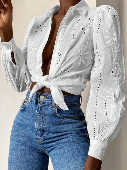 Single Breasted Solid Color Embroidered Long Sleeve Lapel Shirt